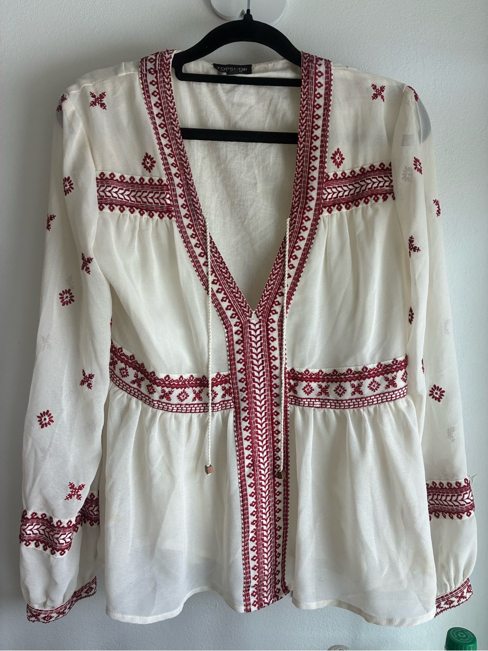 Top Shop Long Sleeve Boho Blouse with red embroidery (size 4)
